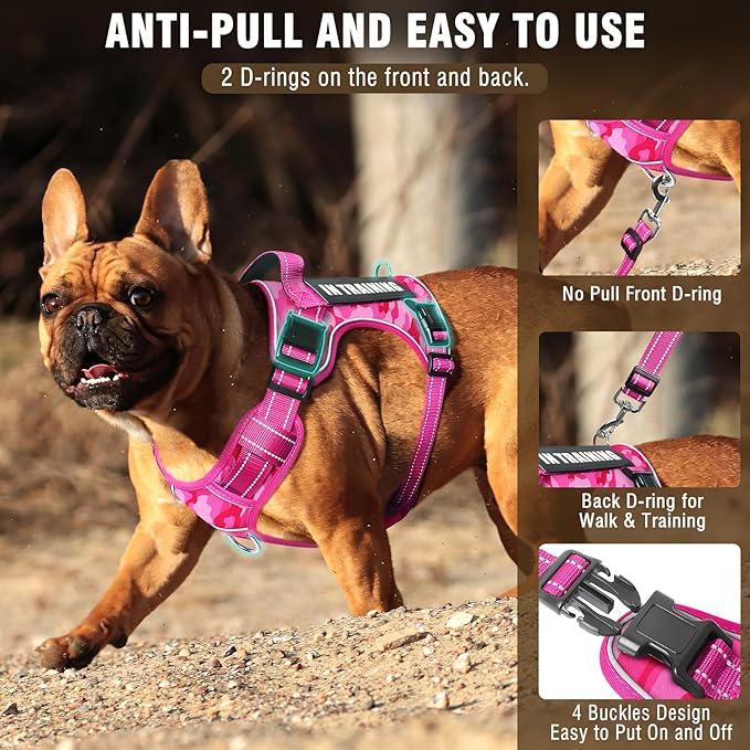 MOOGROU Tactical Service Dog Vest and Leash Set,Heavy Duty No Pull Dog Harness and 10 Patches with Dog Seat Belt for Medium Dogs,Reflective Pet Harness for Training Walking Hiking Camo Pink M