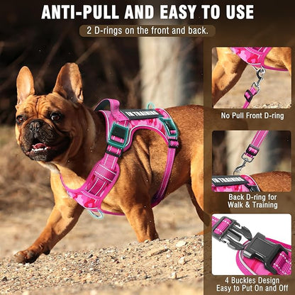 MOOGROU Tactical Service Dog Vest and Leash Set,Heavy Duty No Pull Dog Harness and 10 Patches with Dog Seat Belt for Medium Dogs,Reflective Pet Harness for Training Walking Hiking Camo Pink M