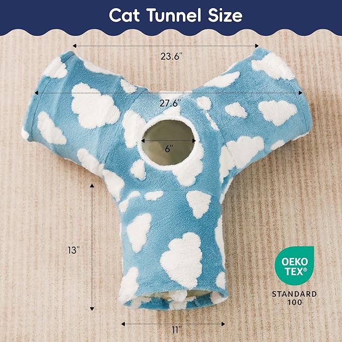 Tempcore Cat Tunnels for Indoor Cats, Cat Tube Toys 3 Way Collapsible, Pet Play Tunnel with Peek Hole Toy Ball for Kitty, Kitten, Rabbit, Blue Cloud