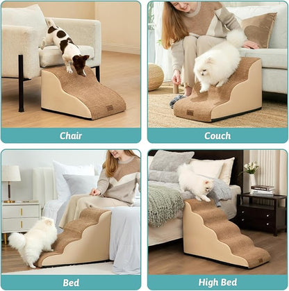 Dog Stairs for Small Dogs 15.7" H, Curved Dog Step for Puppy, Older Cat, Medium Pet Ramp for Sofa, Couch or Chair, Ladder with High Density Foam, 3 Step, 15.7x22.4x15.7 inch, Light Brown