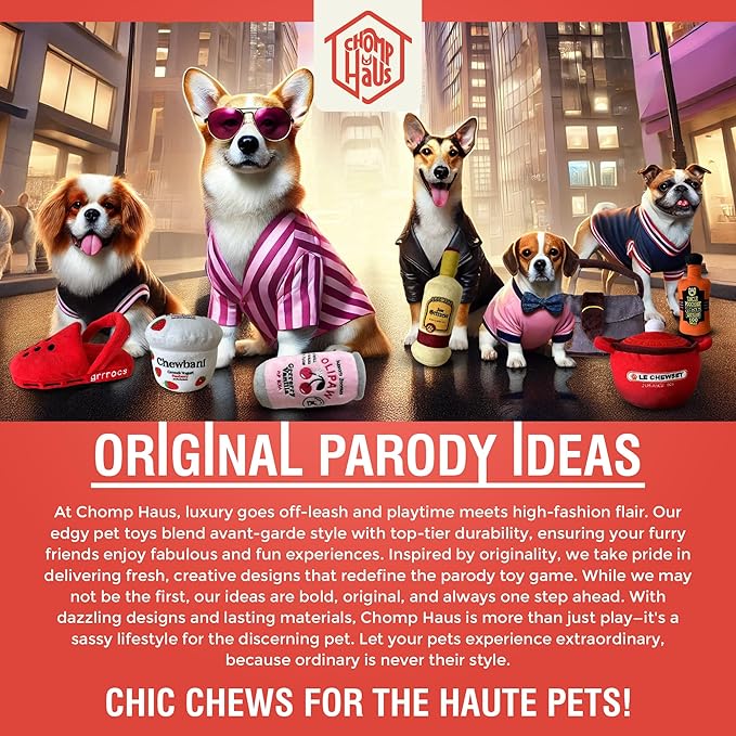 Chomp Haus Liquid Dog Growl Water – Luxurious Plush Dog Toy with Squeaker, Premium Fabric, Embroidered Details, Designer-Inspired Chew Toy, Fun Gift for Small to Medium Dogs & Dog Lovers