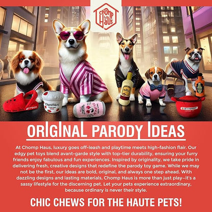 Chomp Haus Arfiation Gin – Luxurious Plush Dog Toy with Squeaker, Premium Fabric, Embroidered Details, Designer-Inspired Chew Toy, Fun Gift for Medium to Large Dogs & Dog Lovers