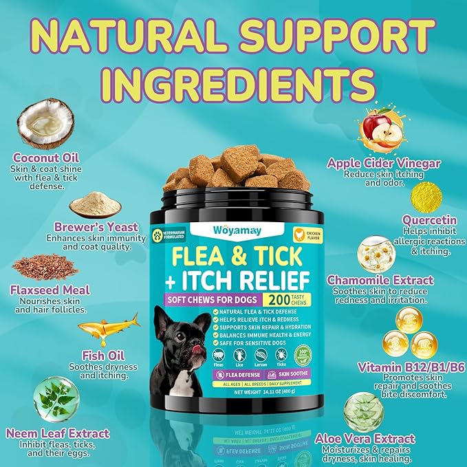 Woyamay Flea & Tick + Itch Relief for Dogs Chewables, Flea and Tick Prevention for Dogs, Dog Allergy Chews, Dog Itching Skin Relief & Skin Repair, Flea Treatment Dogs, 200 Soft Chews, Chicken Flavor