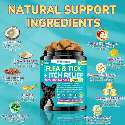 Woyamay Flea & Tick + Itch Relief for Dogs Chewables, Flea and Tick Prevention for Dogs, Dog Allergy Chews, Dog Itching Skin Relief & Skin Repair, Flea Treatment Dogs, 200 Soft Chews, Chicken Flavor