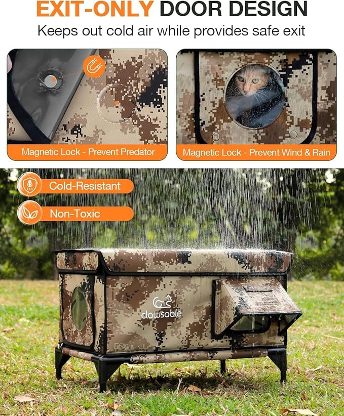 Indestructible Heated Cat House for Outside Winter, 100% Waterproof, Safe Escape Door, Insulated Outdoor Cat Shelter with Heater for Feral Barn Cat Kitty (Desert Camouflage, 27"x17"x18")