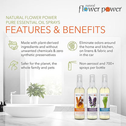 Natural Flower Power Air Freshener Spray - Odor Eliminator with Essential Oils for Home, Car & Fabric - Cruelty Free & Vegan - Variety Pack - Citrus & Spice + Lavender + Lemongrass - 3 x 4 fl oz