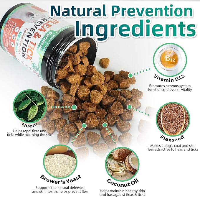 Carmelie Flea and Tick Prevention for Dogs Chewables - 200 Soft Chews Natural Dog Flea and Tick Chewables, Oral Flea Supplement for Dogs, Puppy Flea Support - All Breeds & Ages - Chicken Flavor