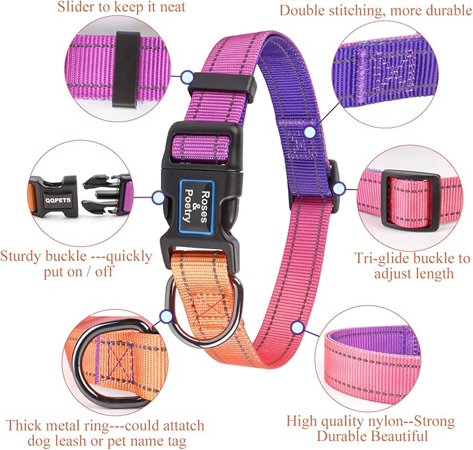 Roses&Poetry Reflective Dog Collar and Leash Set, Purple Martingale Dog Collar and Leash for Medium Dogs, Adjustable Durable Nylon Pet Collars with Leashes for Walking,Playing,Training（Mistyrose-M）