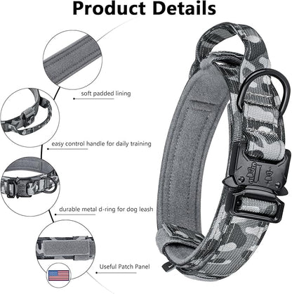 DAGANXI Tactical Dog Collar, Adjustable Military Training Nylon Dog Collar with Control Handle and Heavy Metal Buckle for Medium and Large Dogs, with Patches and Airtags Case (XXL, Camo-Set)