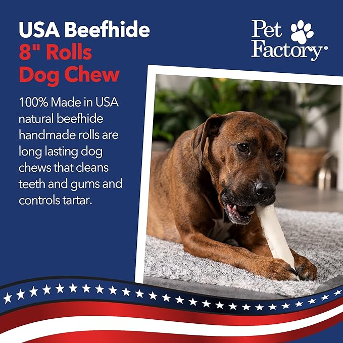 Pet Factory 100% Made in USA Beefhide 8" Rolls Dog Chew Treats - Natural Flavor, 10 Count/1 Pack