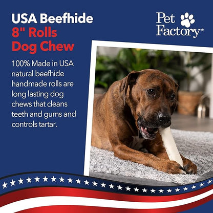 Pet Factory 100% Made in USA Beefhide 8" Rolls Dog Chew Treats - Natural Flavor, 10 Count/1 Pack