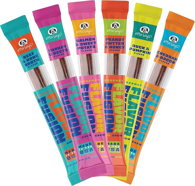 etta says! Flavor Fusion - Natural Dog Chews, Variety Pack - Made in The USA - Delicious, Rawhide-Free Treats for Dogs - Supports Dental Hygiene - Contains 6 Flavors - 12 Pack (Pack of 6)