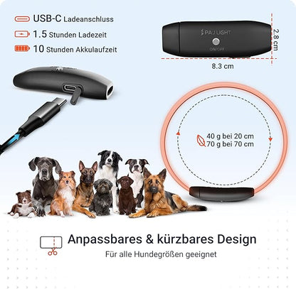 PAJ GPS – PAJ Light – Glowing LED Collar for Dogs – Cut-to-Fit (20–70 cm) – 100% Waterproof – 7 Color Modes – Night Safety & Visibility