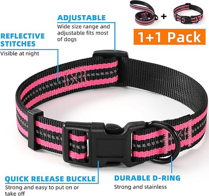 Mile High Life Reflective Dog Collar Leash Set - Adjustable for Small/Medium Dogs (Reflective Stripe Pink, Small, Pack of 2)