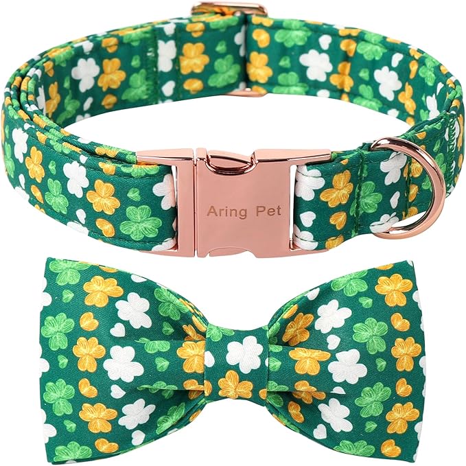 ARING PET St Patrick's Day Dog Collar, Cute Green Clovers Adjustable Shamrock Bowtie Pet Collar for Small Medium Large Girl Boy Dogs-M
