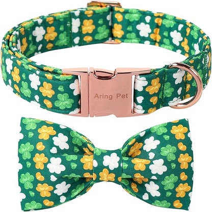 ARING PET St Patrick's Day Dog Collar, Cute Green Clovers Adjustable Shamrock Bowtie Pet Collar for Small Medium Large Girl Boy Dogs-M