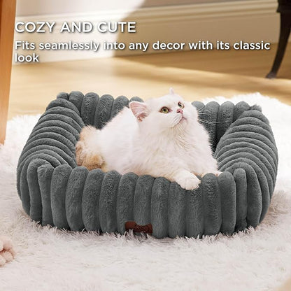 Bedsure ComfyFleece Cute Dog Bed for Small Dogs & Cats - Washable Furry Puppy Beds, Rectangle Orthopedic Corduroy Fleece Pet Beds with Removable Zipper Cover, 20x19x6inches, Warm Grey