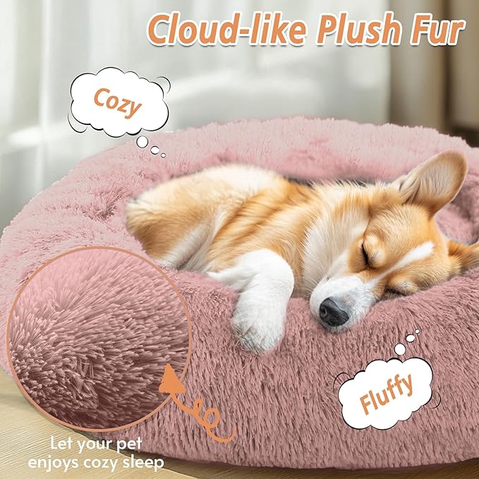 JOLLYVOGUE Calming Small Dog & Cat Bed for Indoor Cats - 20 inches Washable Donut Bed for Kittens & Puppies, Anti-Anxiety Round Fluffy Plush Pet Beds (Fits up to 15 lbs, Dark Pink)