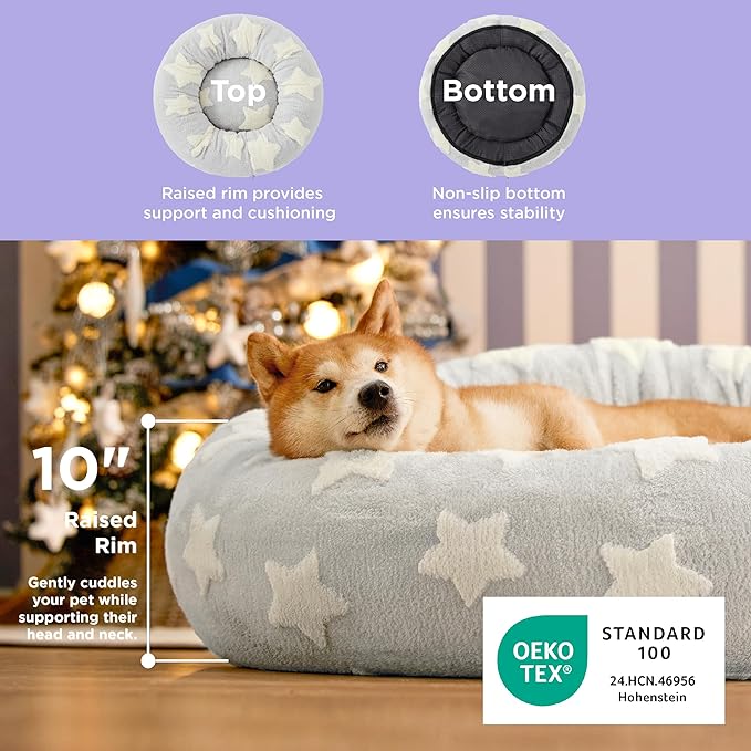LE SURE Donut Large Dog Bed - XL Round Cat Beds Indoor Anti-Anxiety Calming Gift for Pets, Washable Cute Modern Beds with Jacquard Shaggy Plush & Anti Slip Bottom, 36 Inch, Christmas Grey