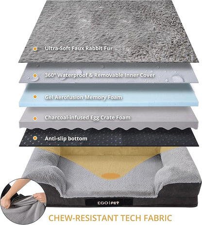 EGOHOME Durable Orthopedic Dog Bed for Large Dogs,Memory Foam Pet Bed with Sides, Non-Slip and Egg-Crate Charcoal Foam Dog Couch Bed with Waterproof Liner&Washable Removable Cover, Grey,41x27x6.5 Inch