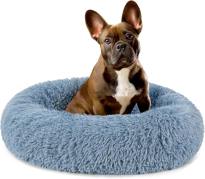 PetAmi Calming Dog Bed for Small & Medium Dogs and Cats, 23” Round Donut Dog Bed, Washable Fluffy Faux Fur Puppy & Cat Bed, Anti-Anxiety Plush Cuddler Pet Bed with Anti-Slip Bottom - Blue