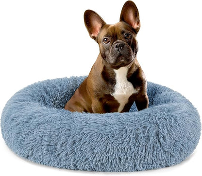 PetAmi Calming Dog Bed for Small & Medium Dogs and Cats, 23” Round Donut Dog Bed, Washable Fluffy Faux Fur Puppy & Cat Bed, Anti-Anxiety Plush Cuddler Pet Bed with Anti-Slip Bottom - Blue