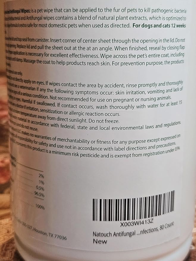 Natouch Antifungal and Antibacterial Wipes for Dogs & Cats, Dog Yeast Infection Treatment Wipes, All Natural Grooming Wipes for Cleaning, Help with Hot Spots, Ringworm, and Skin Infections, 80 Count