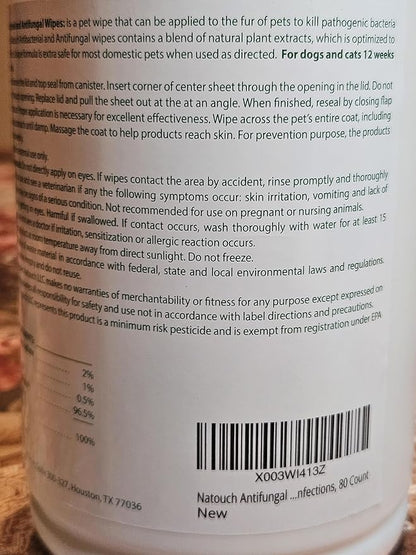 Natouch Antifungal and Antibacterial Wipes for Dogs & Cats, Dog Yeast Infection Treatment Wipes, All Natural Grooming Wipes for Cleaning, Help with Hot Spots, Ringworm, and Skin Infections, 80 Count
