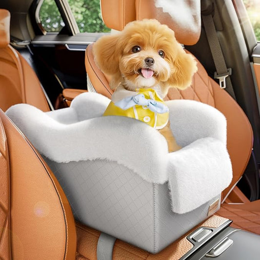 Mavora Max Portable Small Dog Seat for Car, Luxury Center Console Dog Car Seat Booster with Safety Tethers, Anti-Collapse Pet Travel Carseat for SUV, Truck (Light Grey/White)