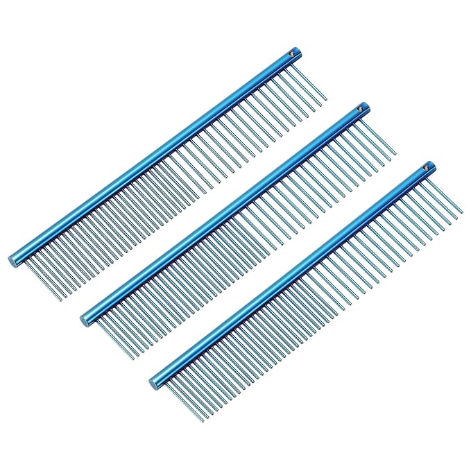 PETAXCELL Dog Cat Comb, Pet Combs Stainless Steel Teeth with Rounded Ends for Knots Mats Loose Hair Removal, 6.5IN (Blue Plated, 3 Pack), Grooming Tool Intended for Long Curly Hair Pet