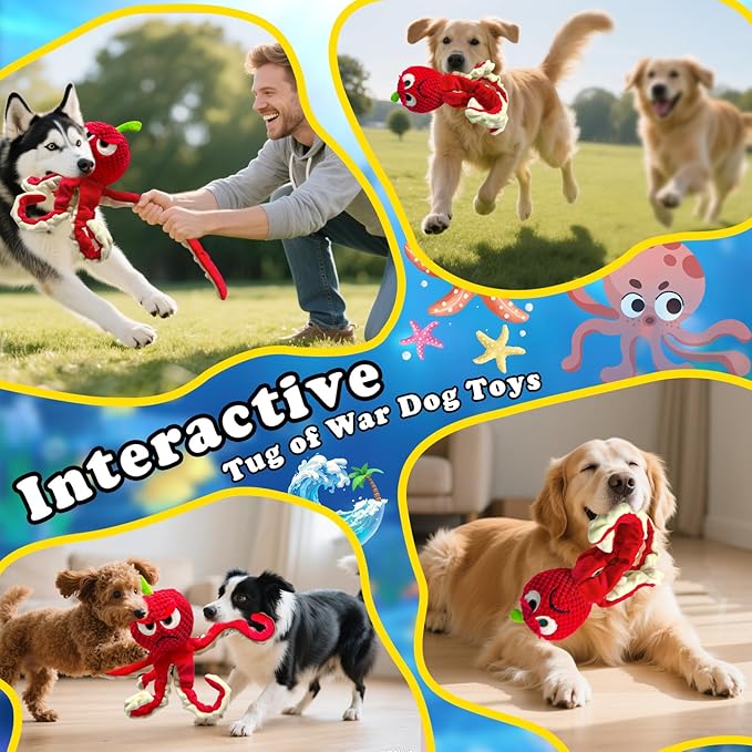 Jeefome Squeaky Dog Toys Octopus -Plush Stuffed Dog Chew Toys with Soft Fabric for Small Medium and Large Dogs,Interactive Tug of War Puppy Toys to Keep Them Busy