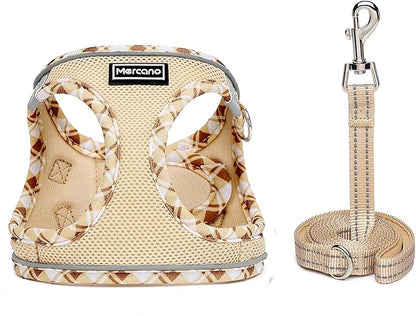Mercano Soft Mesh Dog Harness and Leash Set, No-Chock Step-in Reflective Breathable Lightweight Easy Walk Vest Harnesses with Safety Buckle for Small Dogs, Cats (Beige, S)
