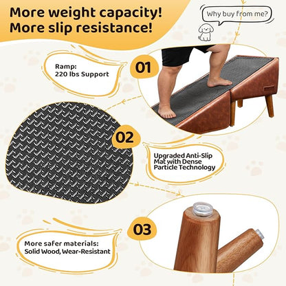 Dog Stairs for Small Dogs and Cats 16" H - with Encrypted Dot-Grip Non-Slip Surface, 2-in-1 Pet Ramp & Steps for Bed/Couch, Foldable Split Ottoman with Solid Wood Frame, Sturdy & Portable for Puppies