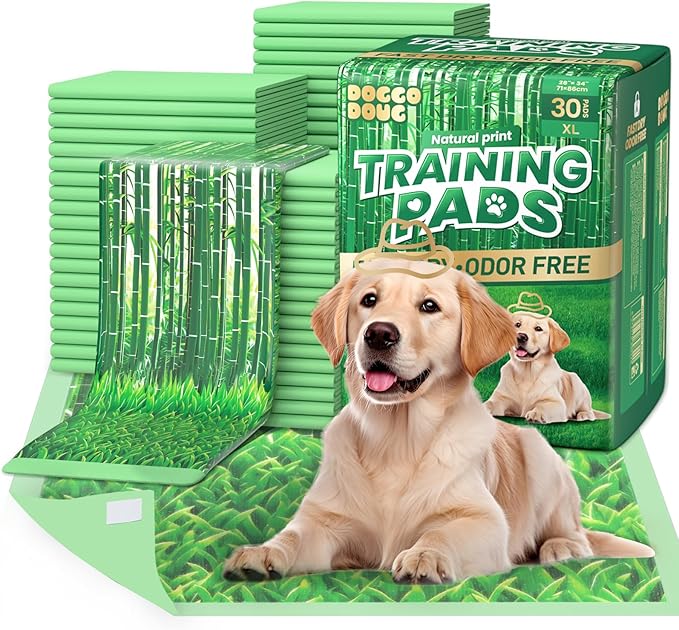 DOGGO DOUG Puppy Pads XL 30 Count - 28"x34" Extra Large Pee Pads for Dogs Odor Blocking, Leak-Proof Potty Training Pad Super Absorbent, 6-Layer Leak-Bamboo Patterns Dog Pads