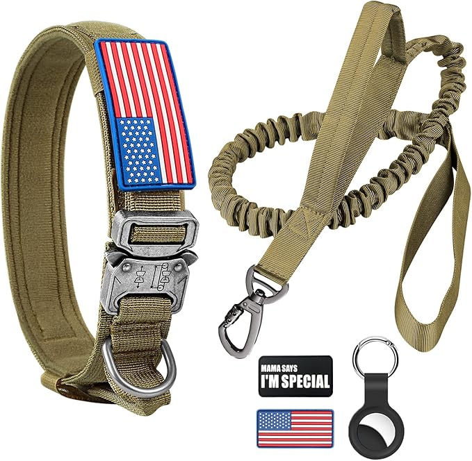 Tactical Dog Collar and Bungee Leash, Camo Military Dog Collar & Leash Set with USA American Flag Adjustable K9 Collar with Heavy Duty Metal Buckle & Handle,with Patches and Airtags Case (XL, Brown)
