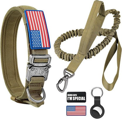 Tactical Dog Collar and Bungee Leash, Camo Military Dog Collar & Leash Set with USA American Flag Adjustable K9 Collar with Heavy Duty Metal Buckle & Handle,with Patches and Airtags Case (XL, Brown)