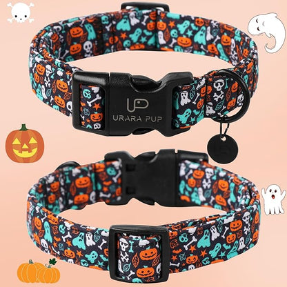 Halloween Dog Collar, UP URARA PUP Cotton Skull Ghost Dog Collar for Dog, Fall Pet Collar with Halloween Elements Pattern, Adjustable Puppy Collar,M,Neck 13.5-22in