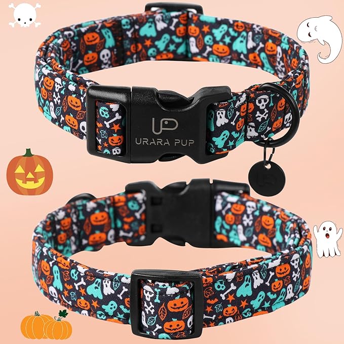 Halloween Dog Collar, UP URARA PUP Cotton Skull Ghost Dog Collar for Small Dog, Fall Pet Collar with Halloween Elements Pattern, Adjustable Puppy Collar,XS,Neck 8-12in