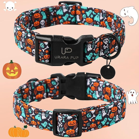 Halloween Dog Collar, UP URARA PUP Cotton Skull Ghost Dog Collar for Small Dog, Fall Pet Collar with Halloween Elements Pattern, Adjustable Puppy Collar,XS,Neck 8-12in
