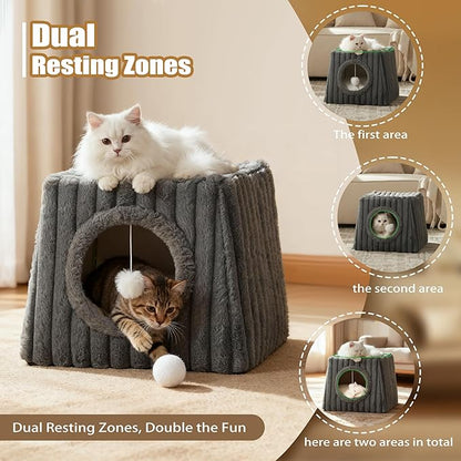 Indoor Cat House - Large Cat Bed Cave with Fluffy Balls and Scratch Pads, Foldable House and Apartment with Pads, Suitable for Multiple Cats (Deep Grey, Large)