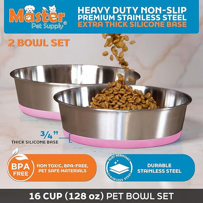 Master Pet Supply Stainless Steel Dog Bowls Set of 2 with Extra Thick Silicone Base - 16 Cup (128 oz) Hyper Pink, Non-Slip, Dishwasher Safe Metal Bowls, Pet Dog Food Bowl for Dogs, Cats, Anti Rust