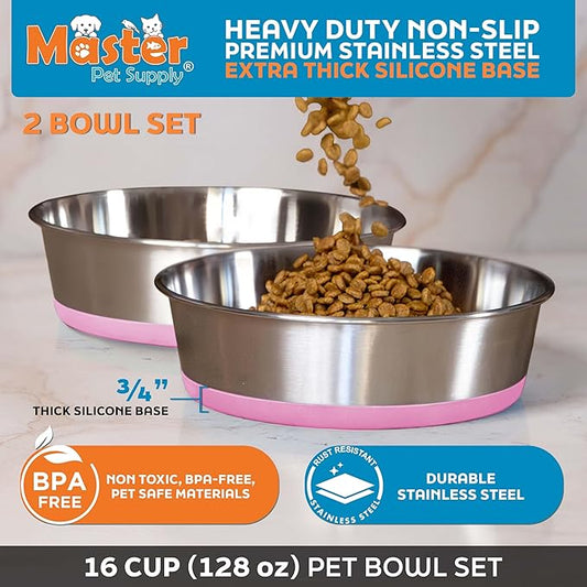 Master Pet Supply Stainless Steel Dog Bowls Set of 2 with Extra Thick Silicone Base - 16 Cup (128 oz) Hyper Pink, Non-Slip, Dishwasher Safe Metal Bowls, Pet Dog Food Bowl for Dogs, Cats, Anti Rust