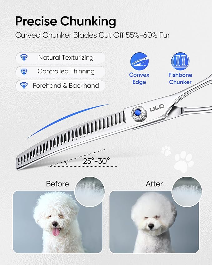 ULG 7.0" Curved Professional Dog Grooming Shears 30-Tooth Precision Thinning (55-60%) Japanese 440C Stainless Steel Adjustable Tension & Universal Left & Right Hand Use
