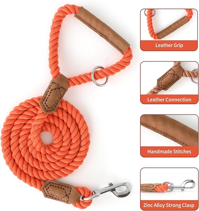 Mile High Life Dog Leash, Braided Cotton Rope Leashes with Leather Handle - Heavy Duty Metal Clasp, 4FT, 1/2" Thick - Wedding, Walking & Training Leash for Small Medium Large Dogs (Orangeade)
