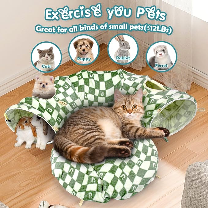 OUHOU Cat Bed and Tunnel Toy - Cat Donut with Straight Tunnel, Washable Cushion, 4 Hanging Balls, 6 Peek Holes, Collapsible, Green