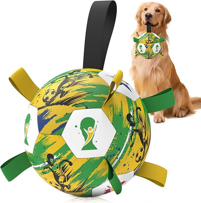 HETOO Dog Toys Ball, Dog Soccer Ball with Straps, Herding Ball for Large Medium Dogs, Rubber Bright Color Tug of War Interactive Toy, Water & Pool Play, for World Cup 2026 Theme, 8 inch