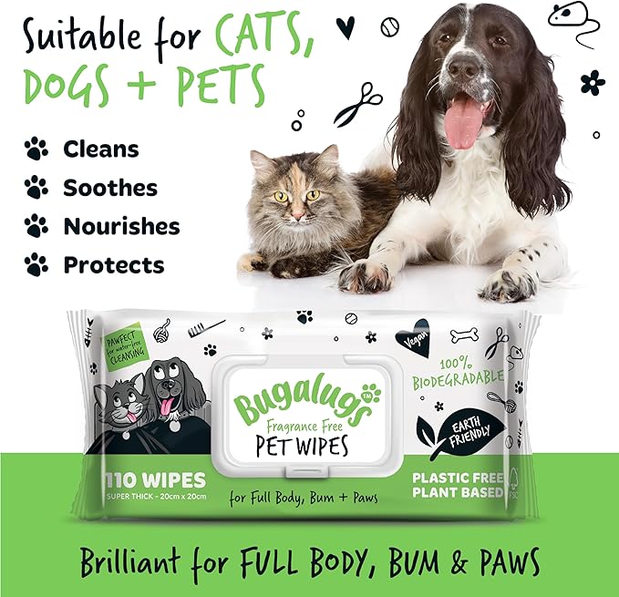BUGALUGS Dog Wipes, 100% Plastic Free Biodegradable pet Wipes for Full Body, Eye Wipes, Ear Wipes, Bum & Paws. 110 Sensitive Dog Grooming Wipes for Dogs, Puppy & cat Grooming (Fragrance Free)