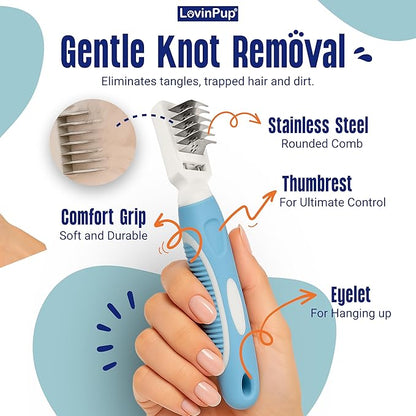 LOVINPUP Pet Mat Remover – Professional Dematting Comb for Dogs and Cats – Stainless Steel Rounded Teeth for Gentle Knot & Tangle Removal – Dog Dematting Tools & Dog Grooming Supplies