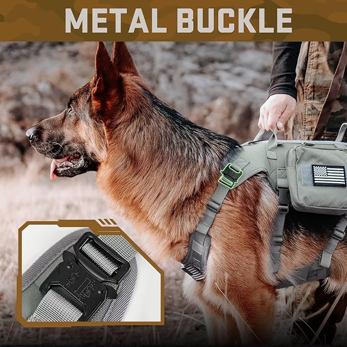Forestpaw Tactical Dog Harness for Large Dogs,Tactical Dog Collar with Bungee Leash Set,No Pull Military Dog Harness for Walking Training,Adjustable for Medium Large Dogs,Gray,Chest 19.5-41.5"