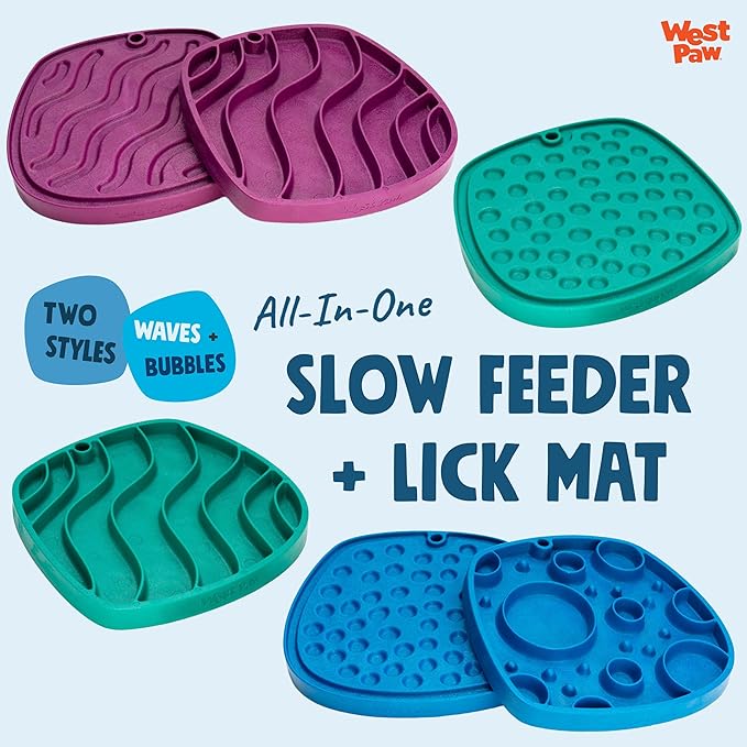 West Paw Seaflex Bubbles Feast Mat – All-in-One, Slow Feeder, Lick Mat – Encourages Foraging & Food Exploration - Engages Picky Eaters & Slow Feeding - Versatile – Easy to Clean, Non-Toxic - Kelp